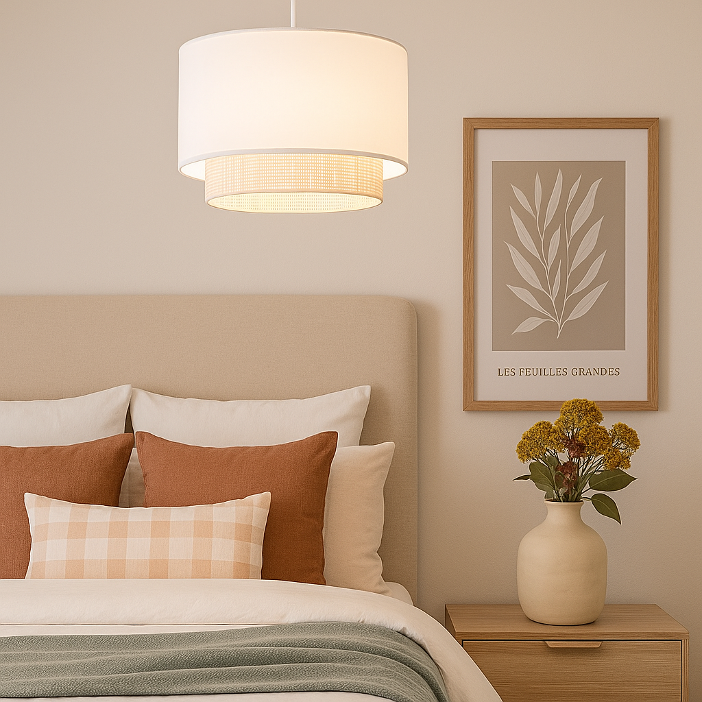 Lámpara Colgante Techo con Pantalla Textil Blanco y Ratan Ø 40 cm 