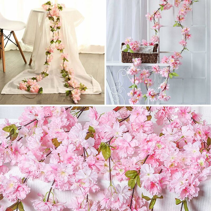 180 cm Fleur De Cerisier,Fleurs Cerisier Artificielles Guirlande Rotin Suspendus De Soie Vigne pour Partie Mariage,Maison Jardin Décoration,Rose - 4