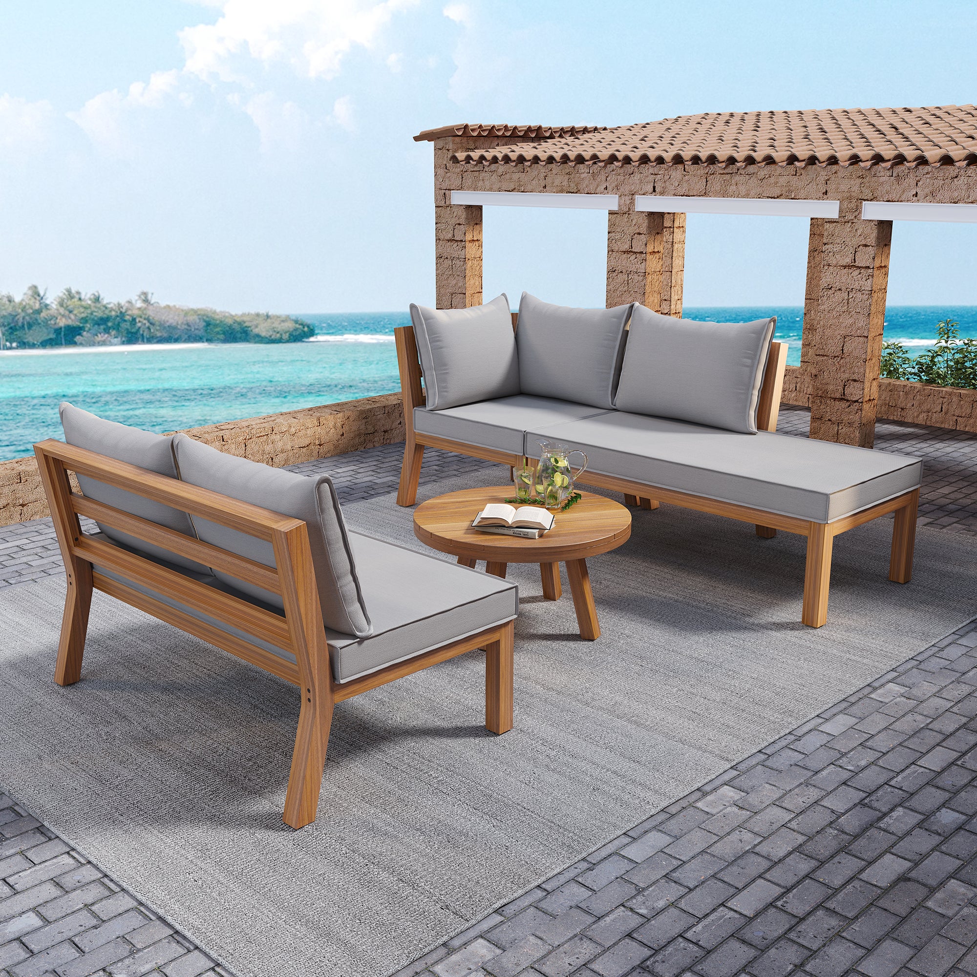 Ensemble Salon Jardin 4-5 Places – Canapé D’angle + Table Basse – Cadre Fer Galvanisé, Coussins épais – Gris – Pour Terrasse, Balcon, Jardin - 6