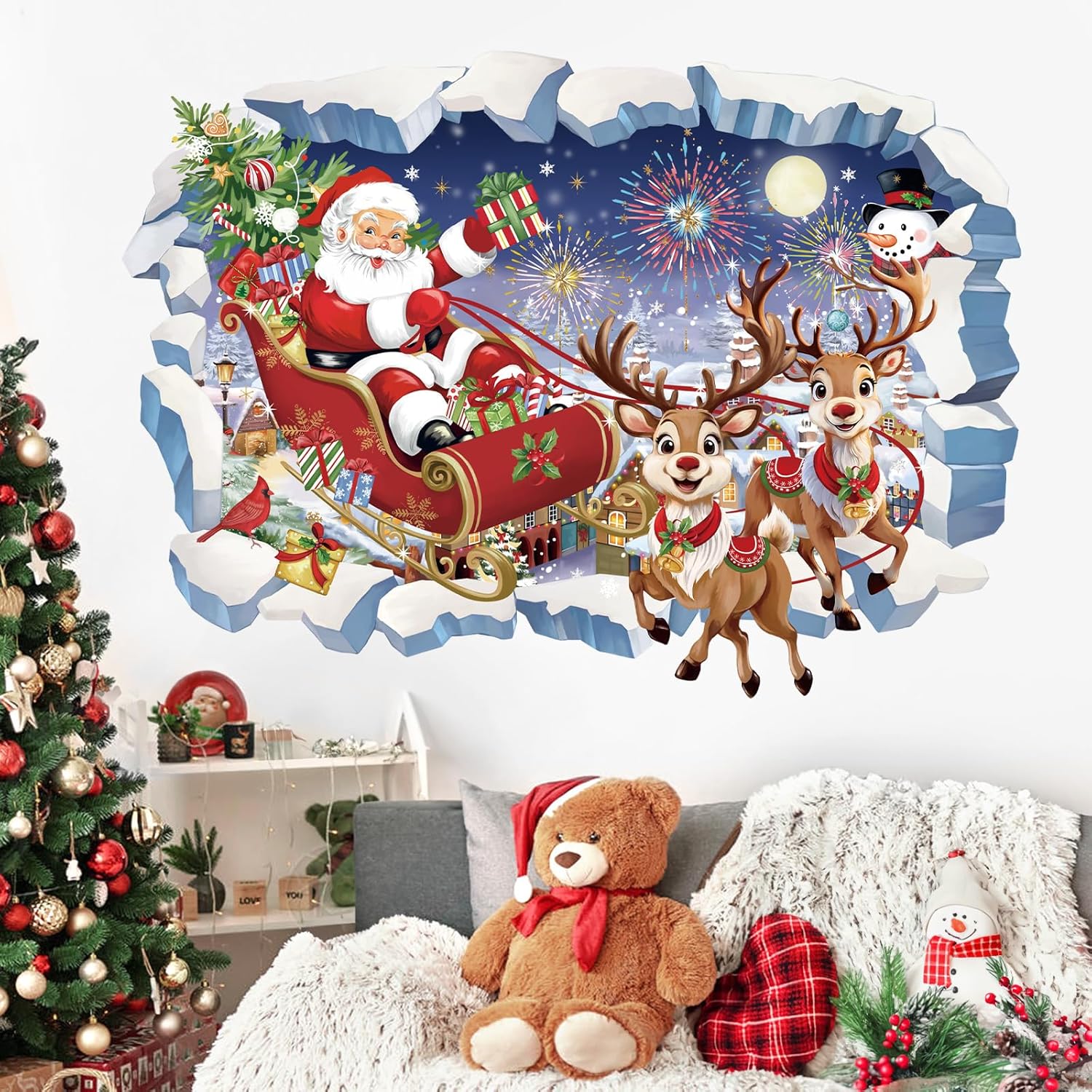 Décalcomanies Murales Noël - Père Noël, Renne, Flocons De Neige & Sapin - Stickers Fenêtre & Mur Enfants - 8 Feuilles Faciles à Poser