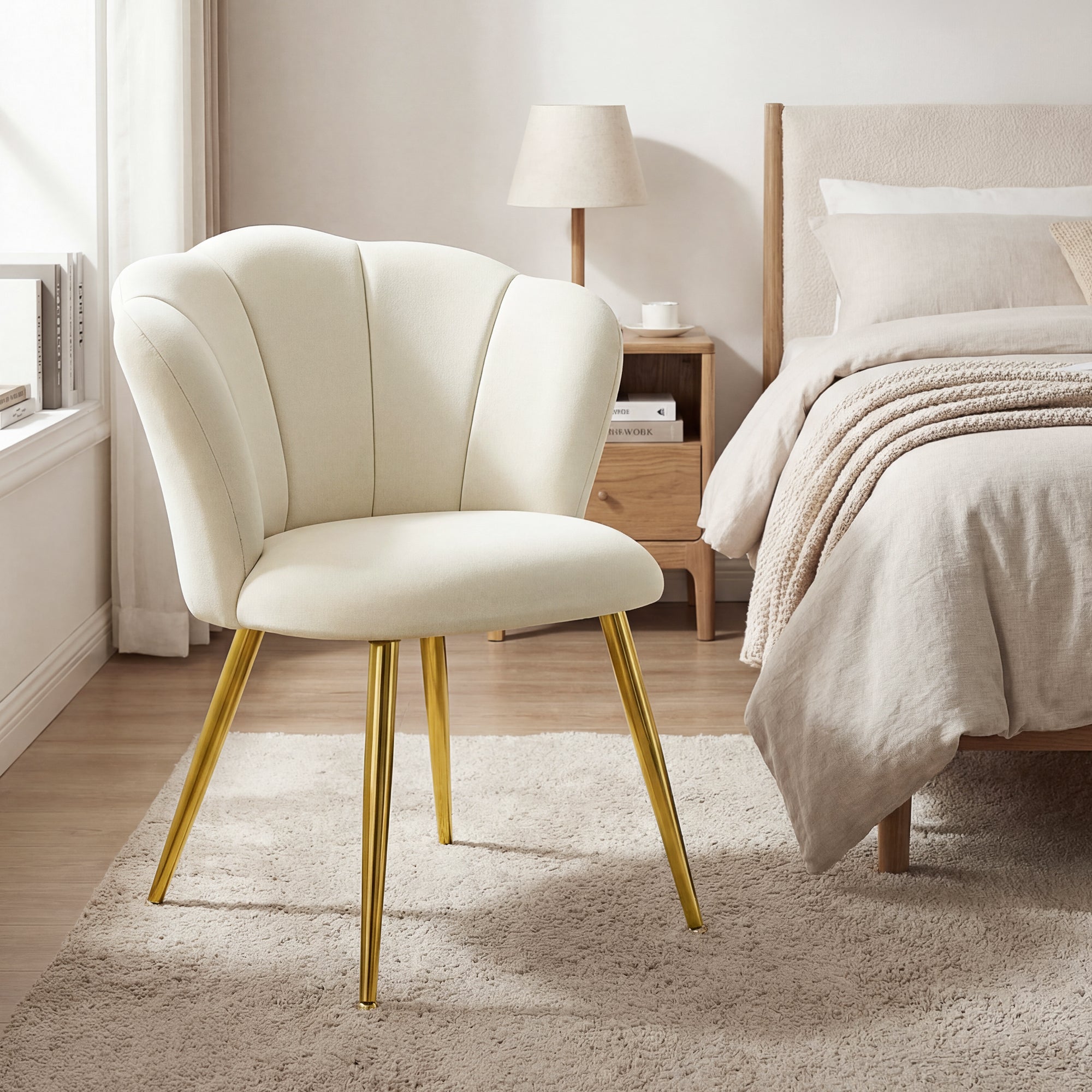 Chaise de Cuisine en Velours, Chaise Rembourrée avec Dossier Pétale, Pieds Acier, Salon, Chambre, Blanc crème - 2