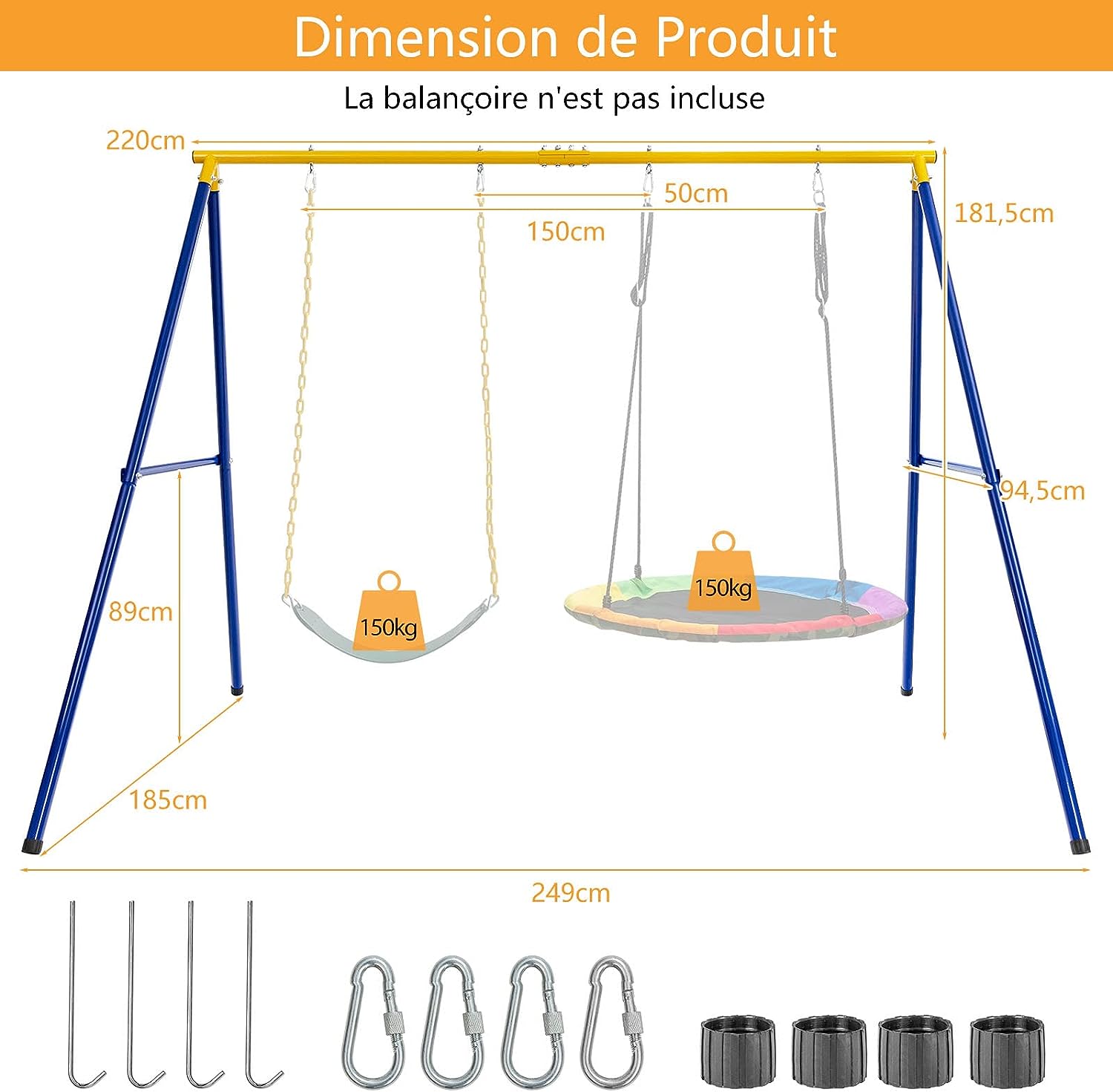 Suporte de baloiço,Tipo A, capacidade de carga 300 kg, 249x185x181,5cm (base de baloiço não incluída) - 2