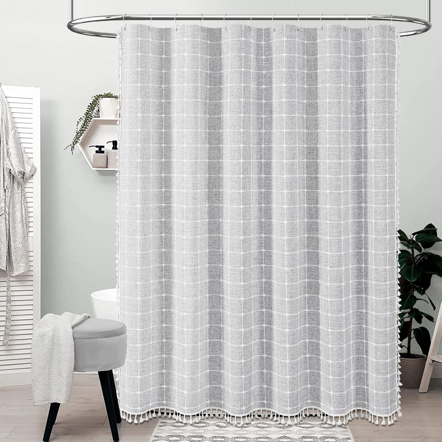 Lniana zasłona prysznicowa w stylu boho z frędzlami, dekoracja łazienki, 183 x 198 cm (jasnoszary)