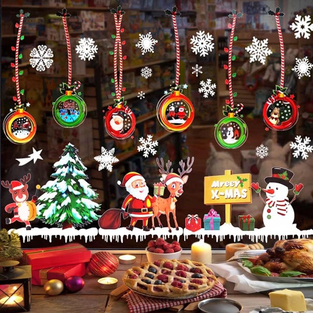 Autocollants Noël Fenêtre électrostatiques - Déco Vitre Santa, Renne, Sapin - PVC Sans Colle, Réutilisable Pour Porte, Frigo