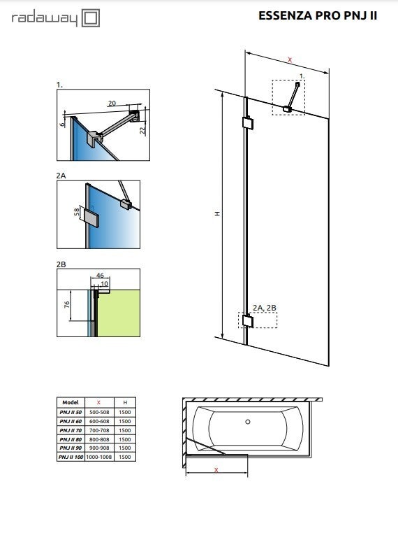 Pare baignoire largeur 80 cm couleur doré ESSENZA PRO GOLD PNJ II verre 6mm - 5