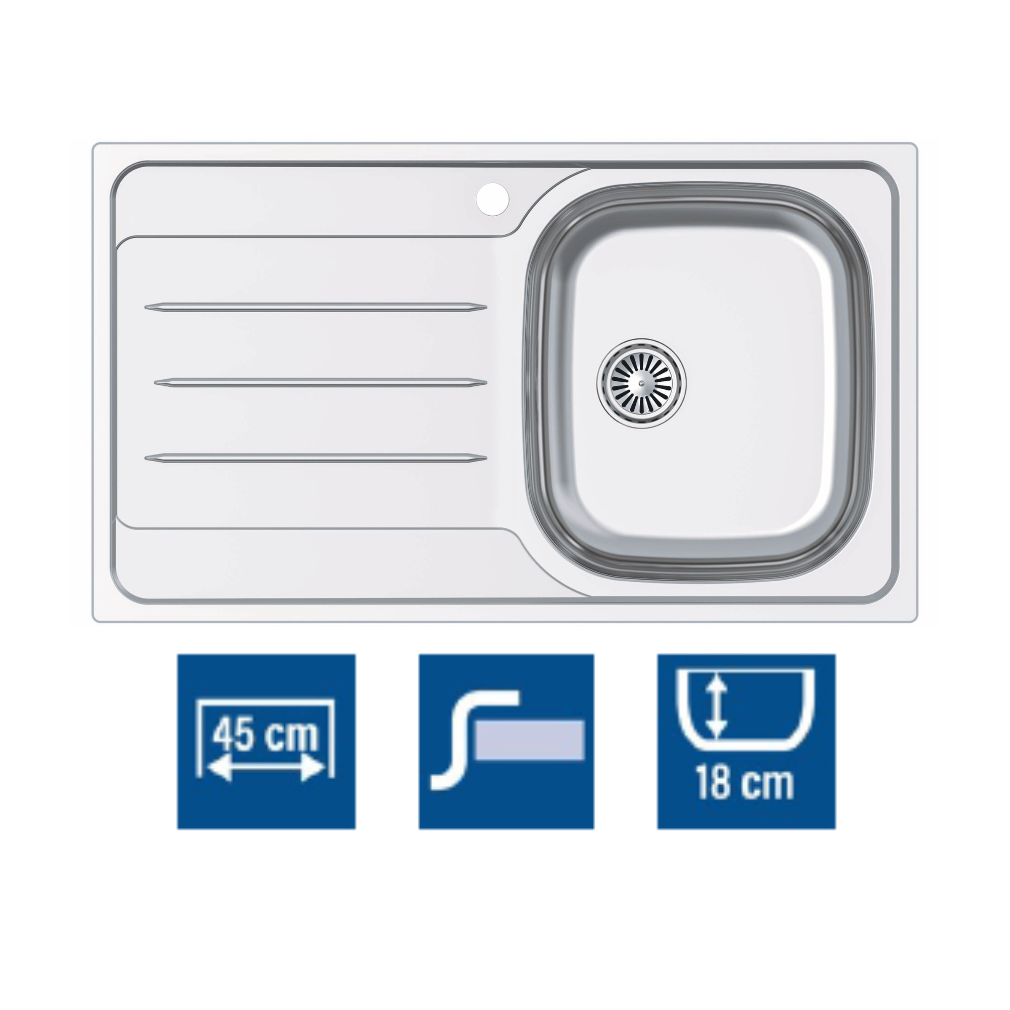 Cata  Fregadero Cdp-1 Ei Cubeta Cuadrada Con Escurridor 86X50 Cm Profundidad 18Cm Fondo Absorbente Acero Inoxidable Grosor 0,8Mm Color Gris Acero Inoxidable, Leroy Merlin