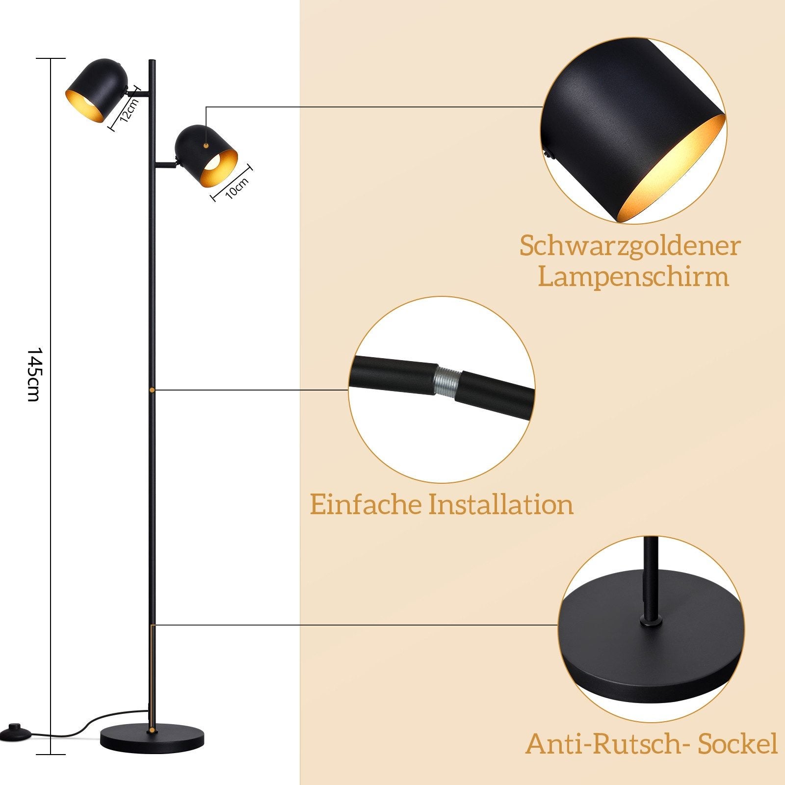 ZMH Lampadaire noir doré E14 Métal Vintage Lampadaire multi-tête 145cm - 3