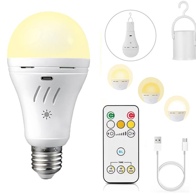Ampoule rechargeable avec télécommande, 300 lm, 2 200 mAh, intensité variable 3 000 K/4 000 K/6 000 K, idéale pour les pannes de courant et le camping
