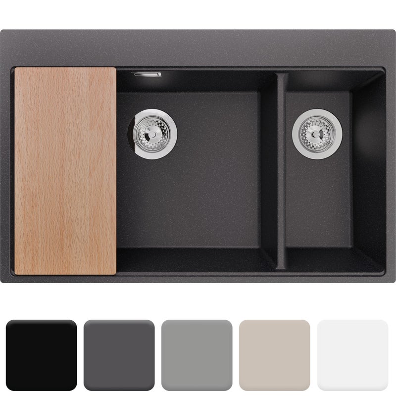 Zlewozmywak 78x50cm, do szafki od 80cm + Syfon + Deska - Rubin Grafitowy STONESTYLE