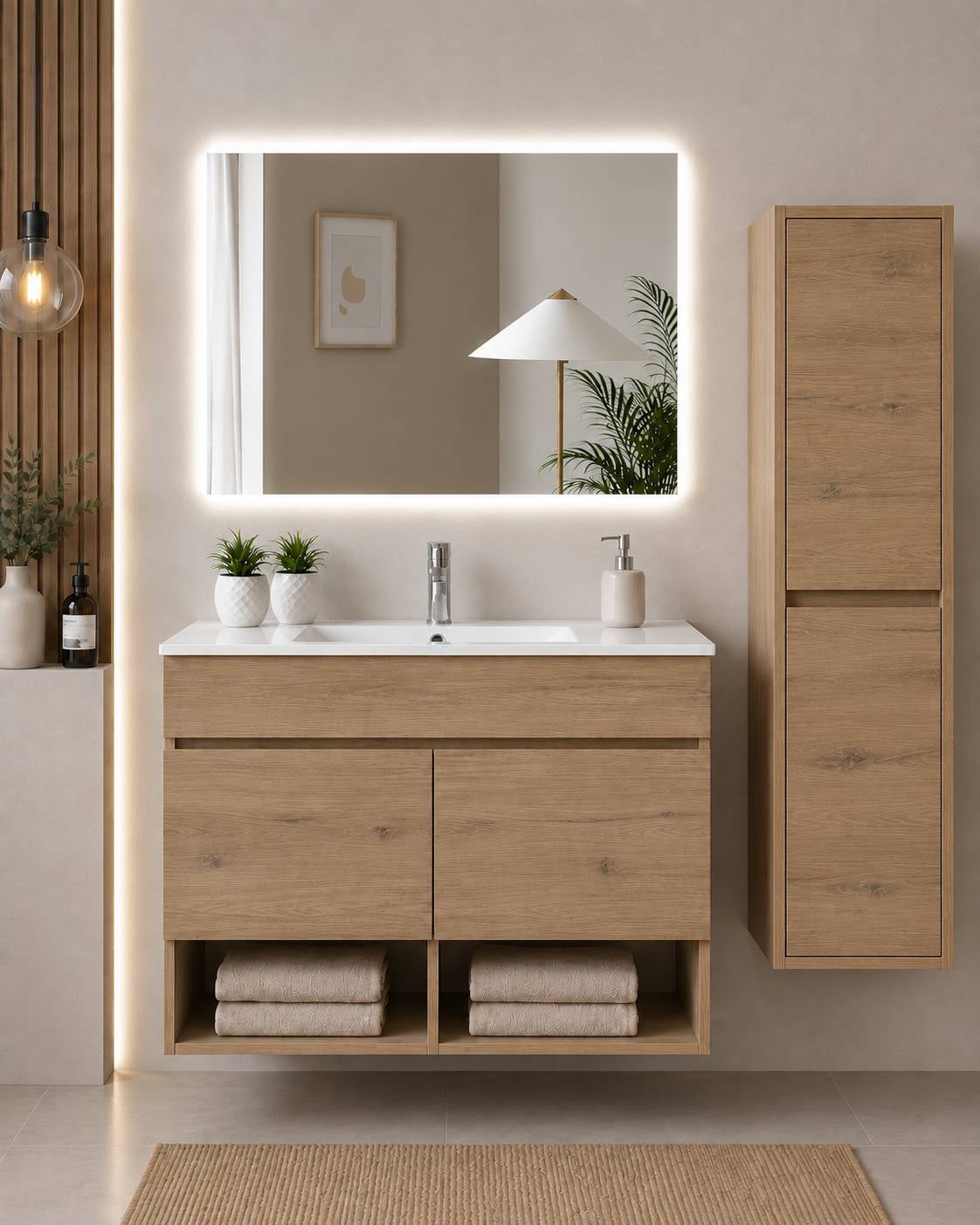 Mobilier de baie suspendat cu lavoar ORIGENBATH NEBARI cu uși cu coloană 60x35 cm estepa cu coloană