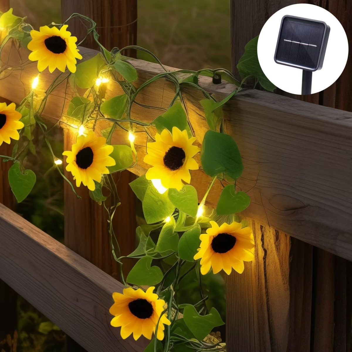 Guirnalda de luces solares decorativas para exteriores, diseño de girasol, luz cálida, 2 metros, 20 luces