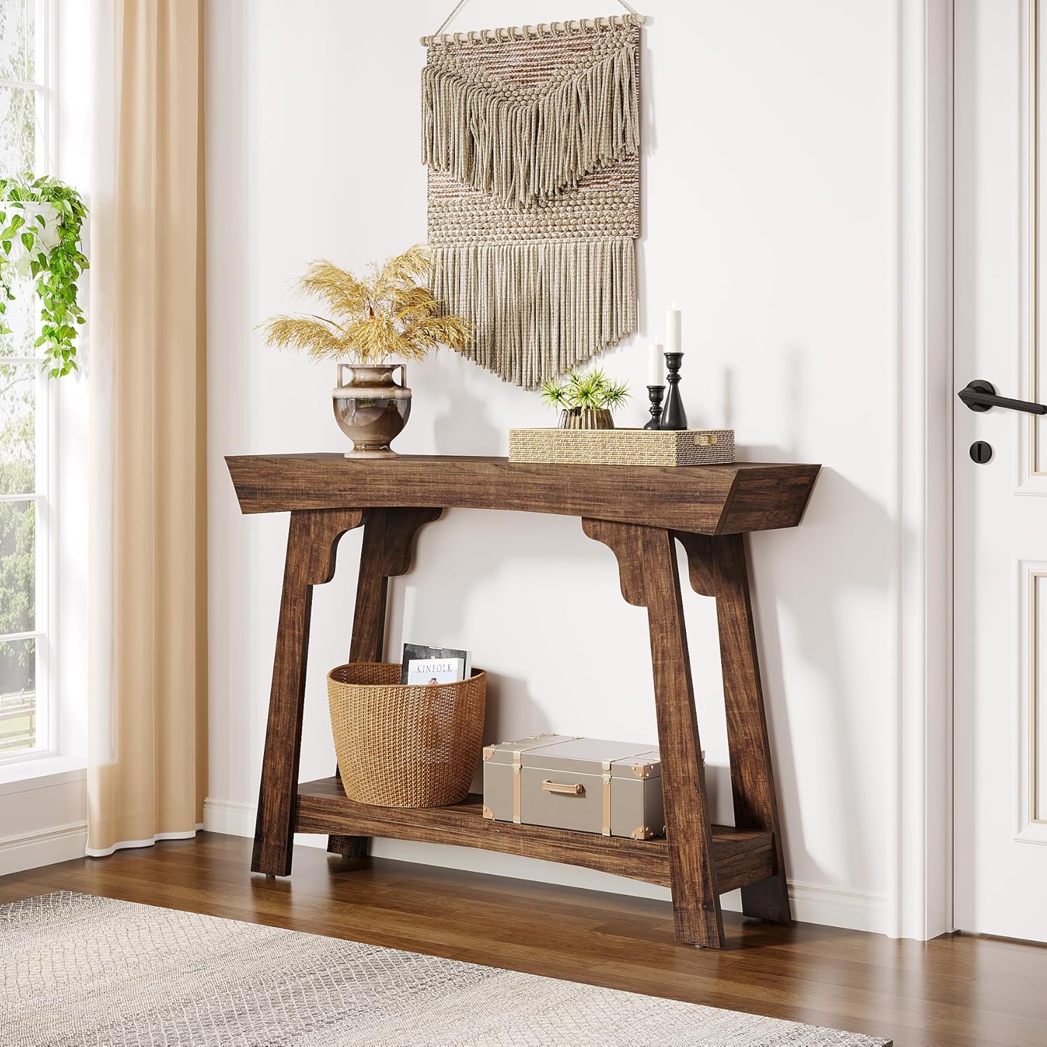 Console Tribesigns 105 cm avec rangement, table d'entrée en bois à 2 niveaux avec étagère, table de canapé étroite de style ferme derrière le canapé - 3