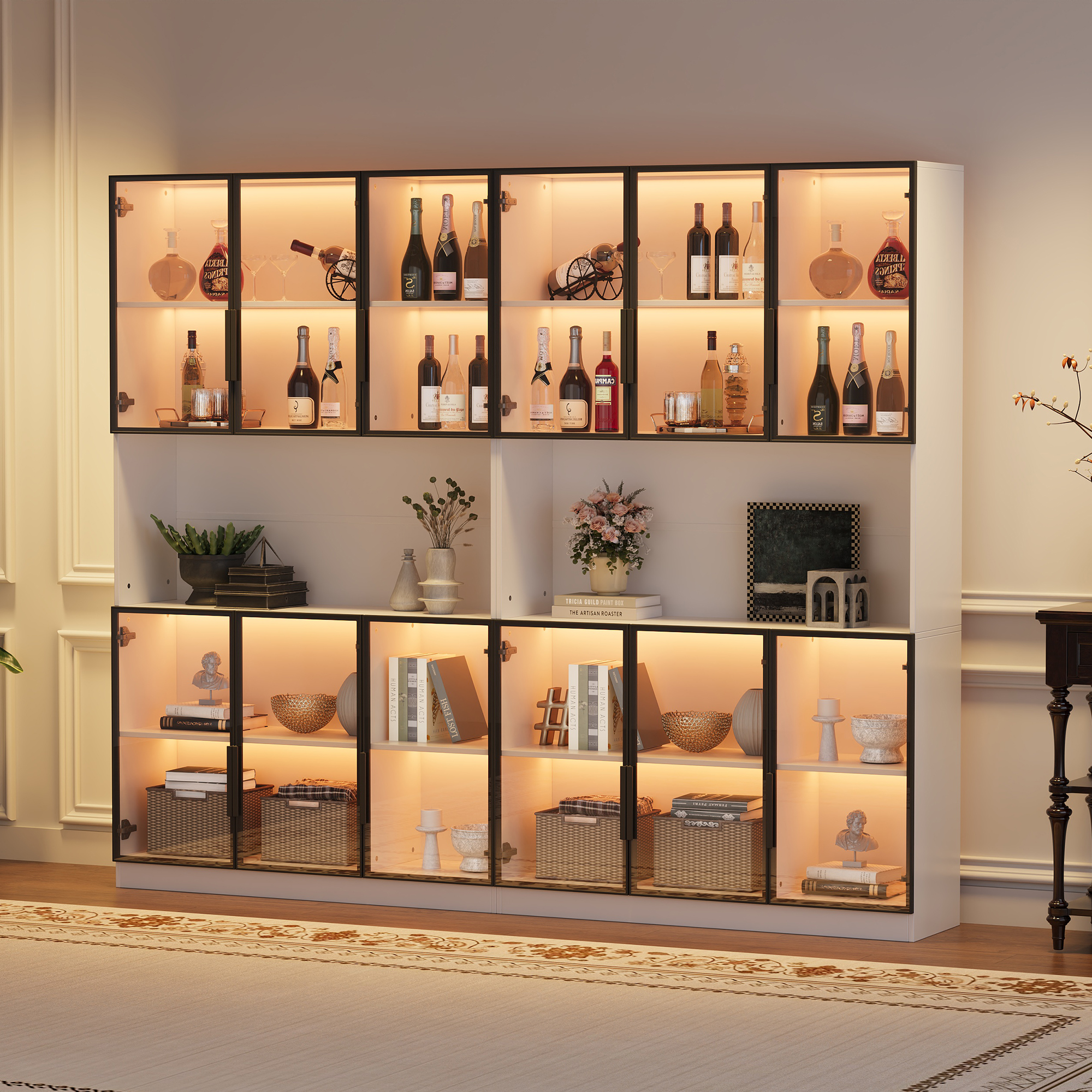 Nowoczesna witryna 240x34x200 cm - Oświetlenie LED - 12 drzwi szklane - Otwarta przestrzeń do przechowywania - MDF - Biały