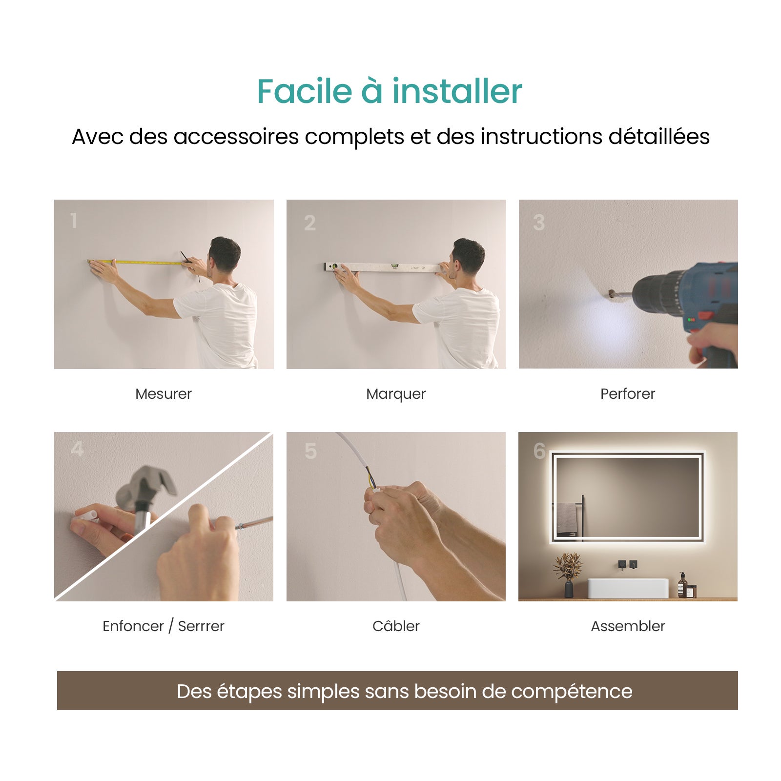 EMKE Miroir lumineux salle de bain 100x60cm, Miroir LED avec Interrupteur à bouton, Anti-buée, Miroir avec éclairage lumière Blanche Froide/Chaude - 9