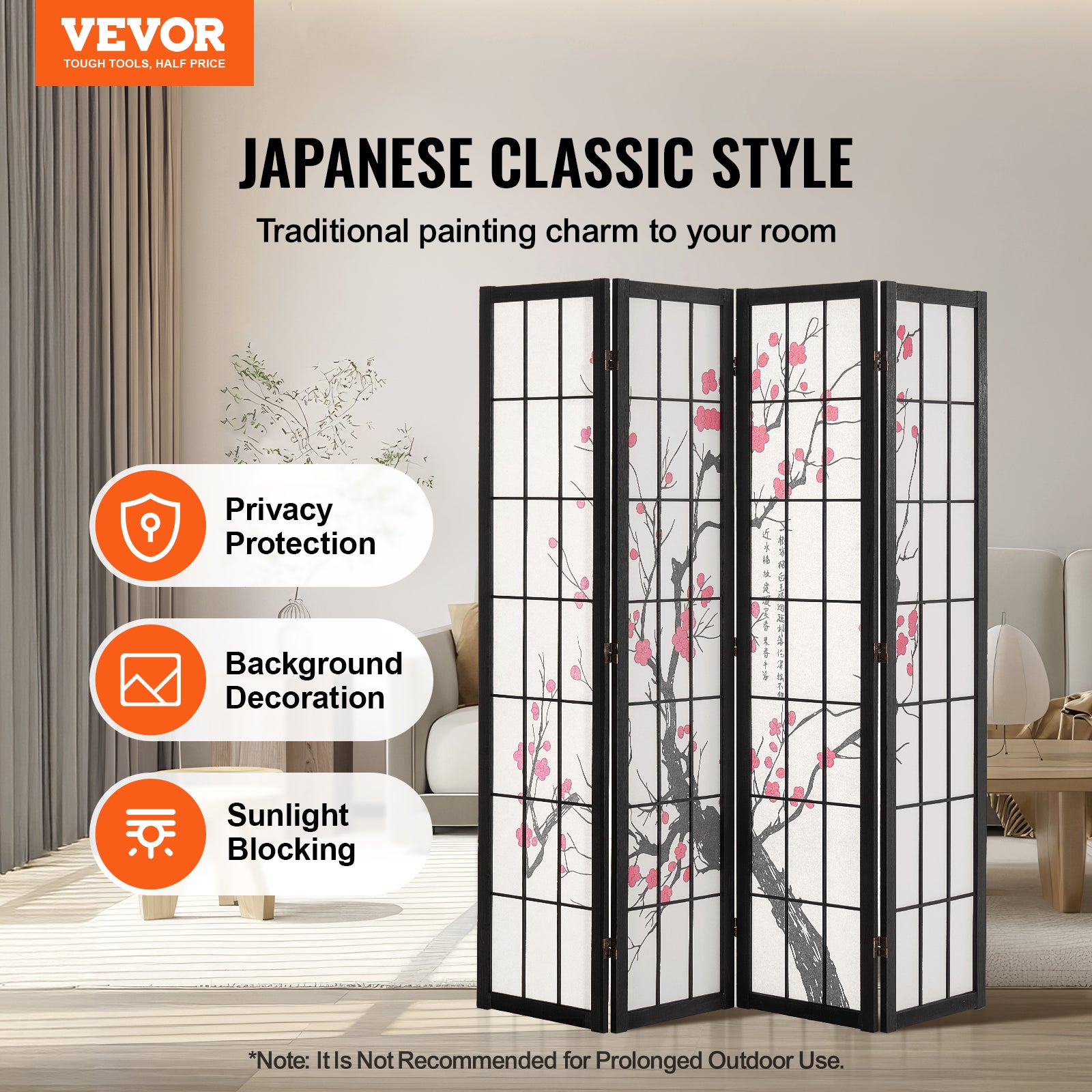 Cloison de Séparation,Paravent Japonais VEVOR 4 Panneaux,Cloison Pliable en Bois,Diviseur Décoratif Portable pour Séparation de Pièce,Intérieur - 2