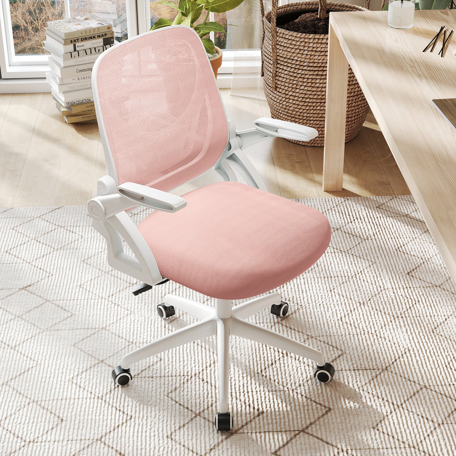 Ergonomiczne krzesło biurowe obrotowe, fotel biurowy z regulowaną wysokością i podnoszonymi podłokietnikami, oparcie z oddychającej siatki, różowe - 2
