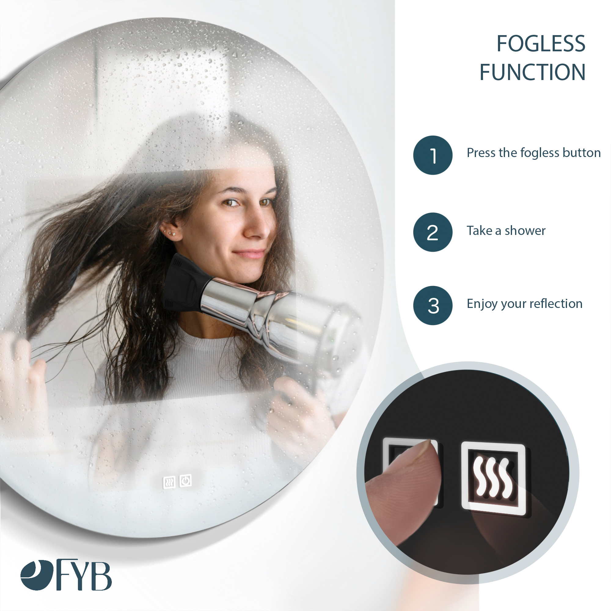Miroir rond Bluetooth 60 cm Feel Your Bath, LED Réglable, Interrupteur Tactile, Antibuée et Arrêt Automatique - 4