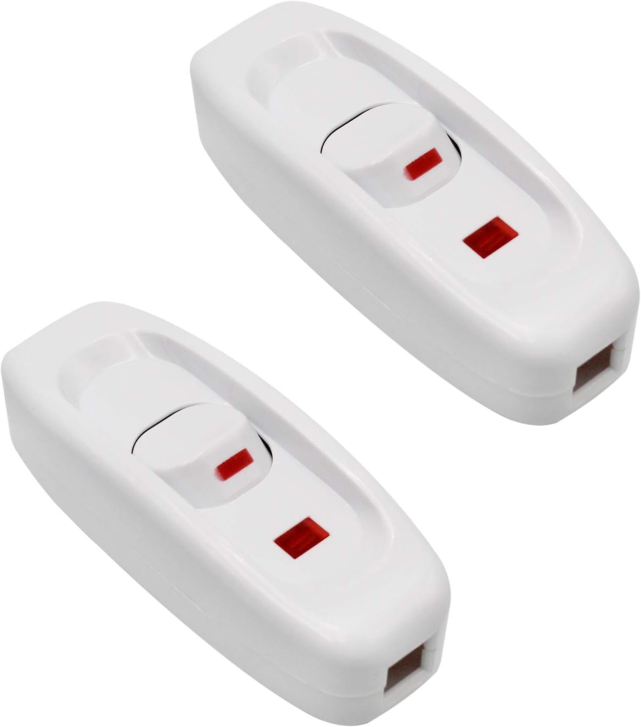 Dwa wtykowe przełączniki kołyskowe 250 V AC 10 A z diodami LED, pasujące do kabli lampek biurkowych, w kolorze białym.