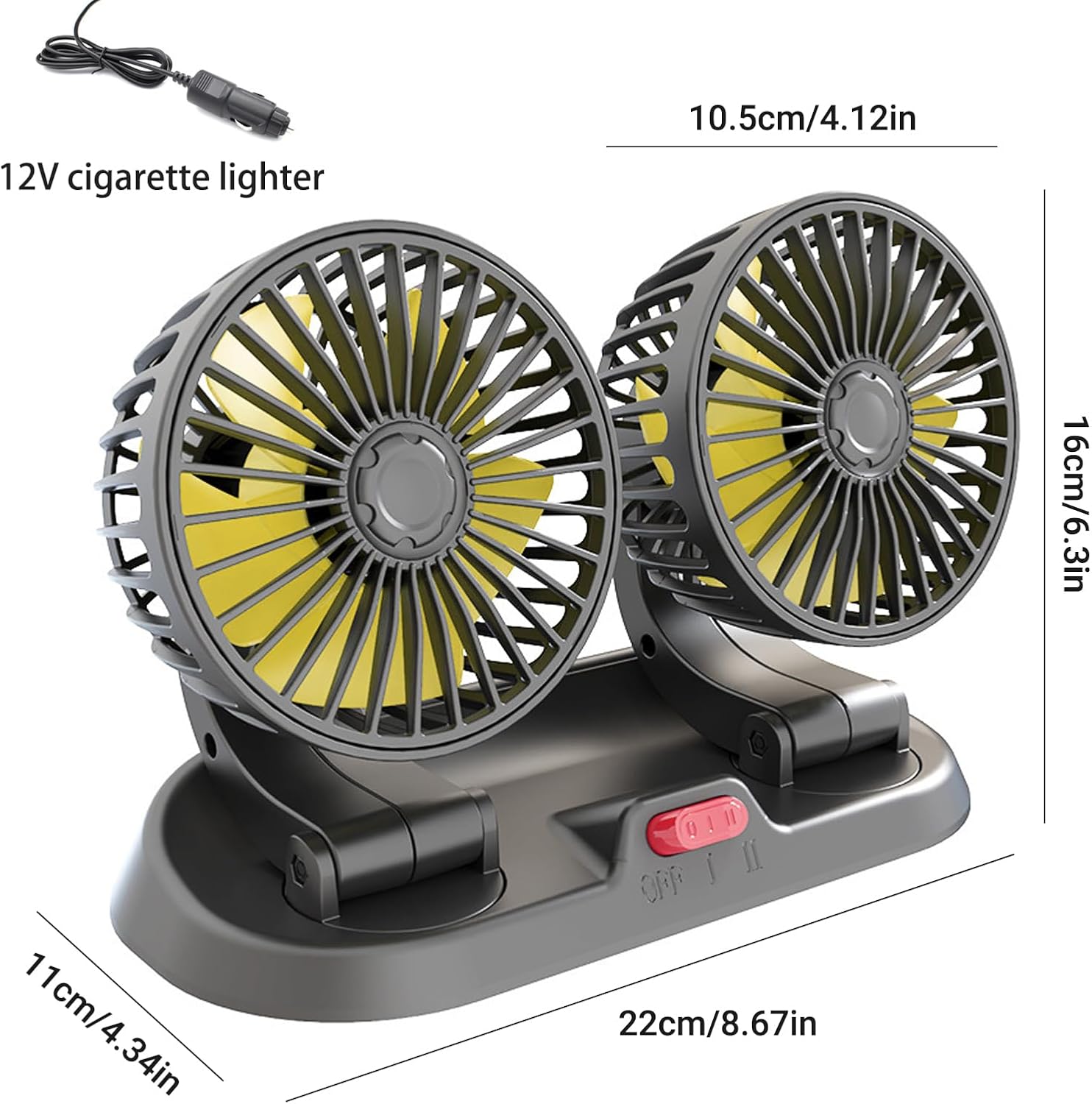 Ventilateur de voiture double tête, 12 V, 2 vitesses, rotatif à 360 °, avec prise allume-cigare, pour SUV, camping-cars, véhicules - 2