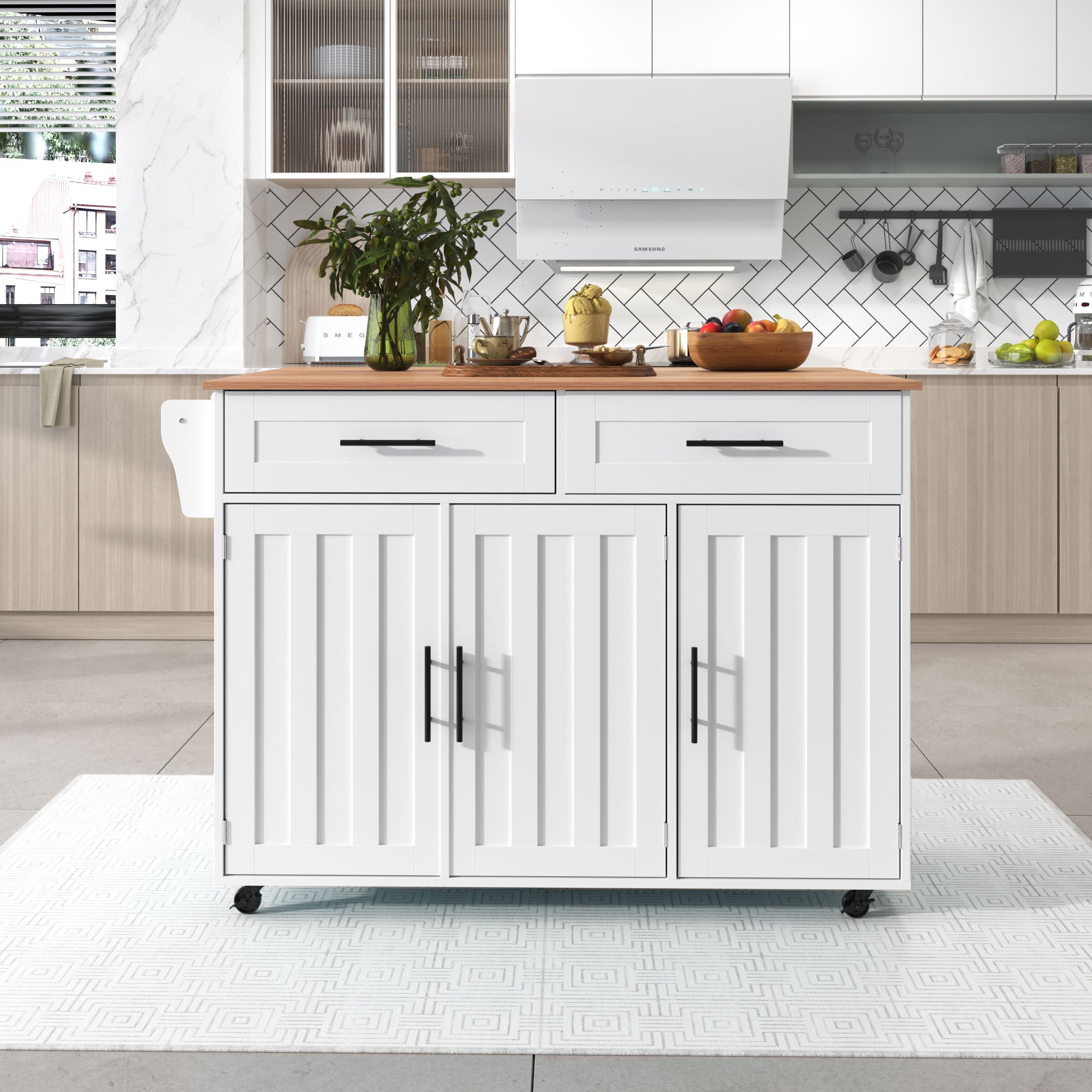 129x46(71)x91.5cm Wózek jadalniany, biały kredens, składany blat z litego drewna, kółka, wymienne nogi z litego drewna