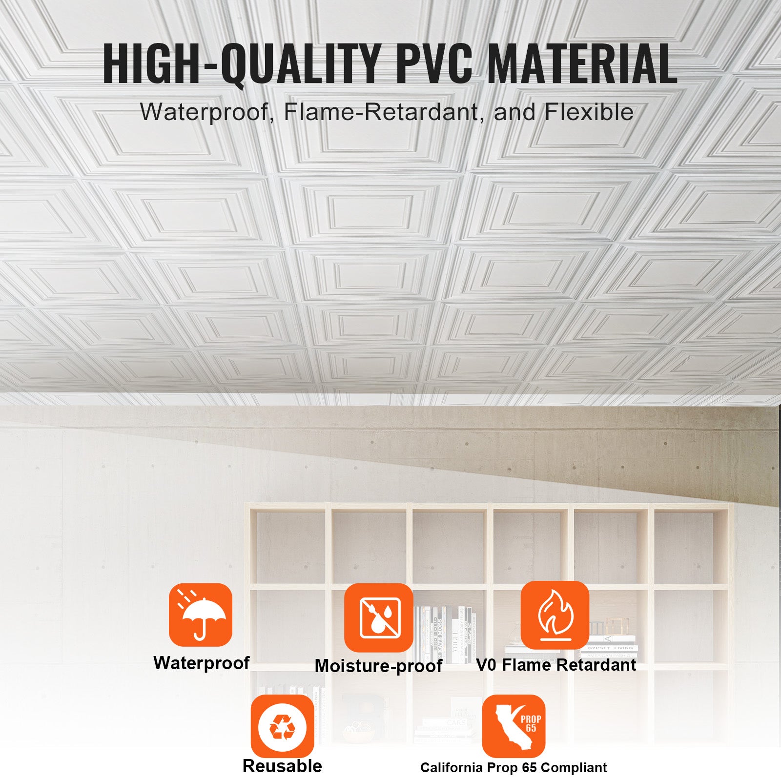 Dalles de Plafond PVC VEVOR, Lot de 12, Plaques Décoratives 605 x 605 mm à Coller, Revêtement Blanc Texturé 3D - 3