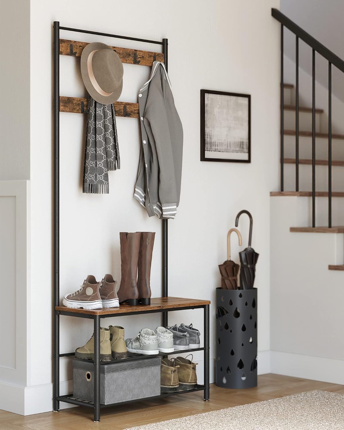 Appendiabiti con panca porta scarpe e seduta, 6 ganci, salvaspazio, MDF