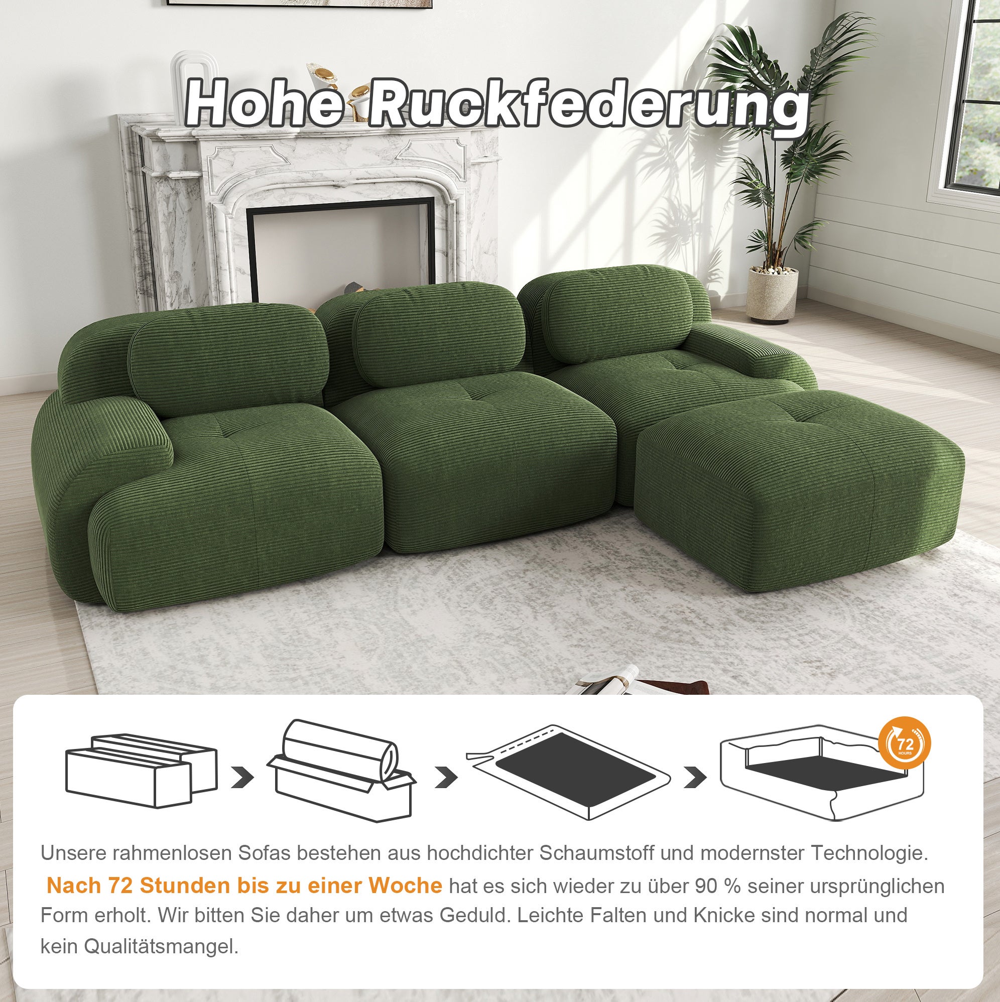 Canapé d'angle modulable 3 places sans montage, sans cadre, en tissu côtelé vert, ergonomique, 298 × 178 × 70 cm - 5