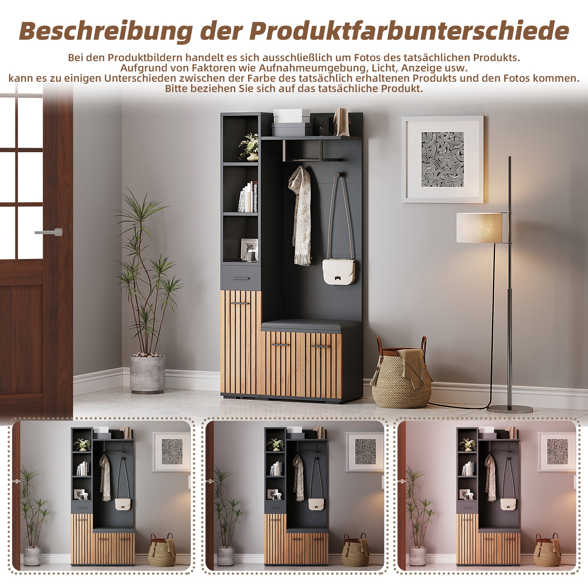 Ensemble meuble à chaussures avec 3 portes, banc à chaussures et porte-manteau - 80 x 35 x 175 cm - Panneau de particules - Noir + naturel - 5