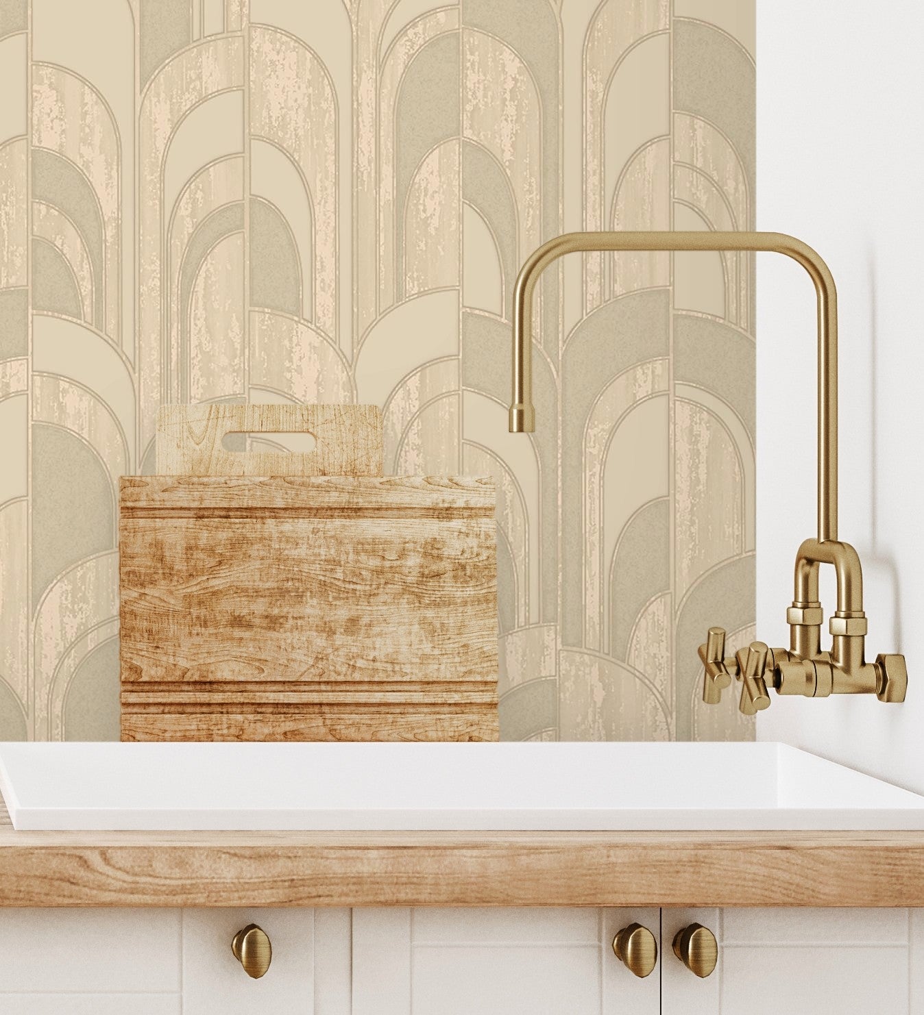 Papel pintado vinílico de arcos art déco crema con textura en relieve - bissen arches 681667 de gaulan - rollo de 10 m x 1,06 m