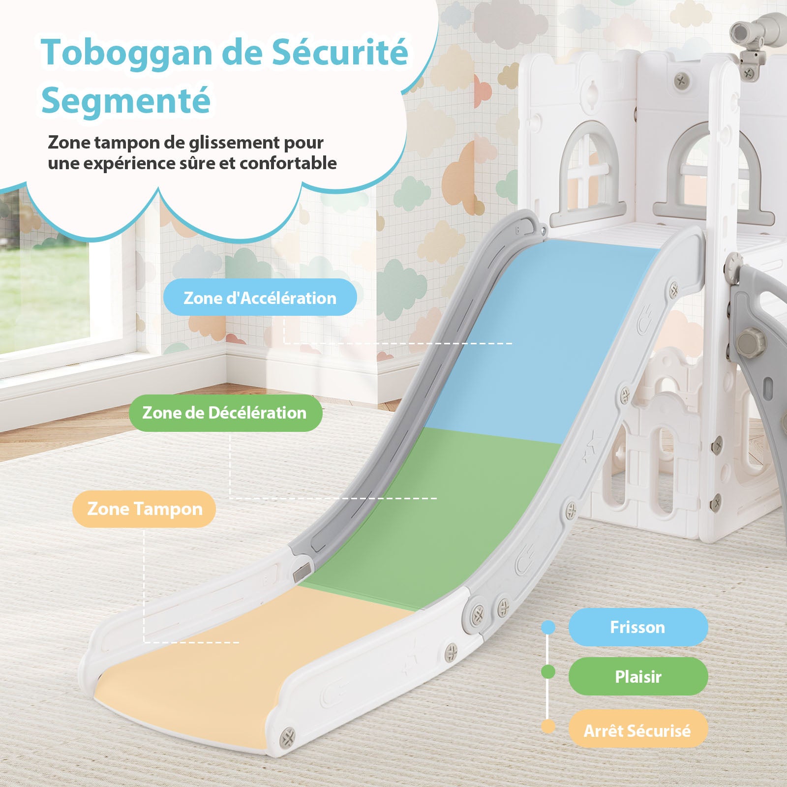 6 en 1 Toboggan Enfant en HDPE avec Panier de Basket & Télescope, Aire de Jeux Intérieure avec Échelle & Espace de Rangement, Blanc+Gris, pour 1 Ans+ - 6