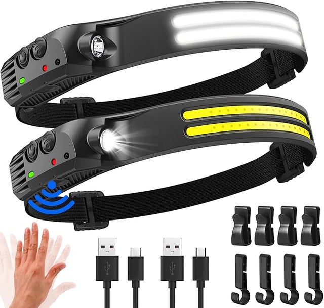 Lampe frontale LED ultra lumineuse, 2 000 lumens, angle de faisceau de 230°, rechargeable par USB, détecteur de mouvement, étanchéité IPX5, lot de 2