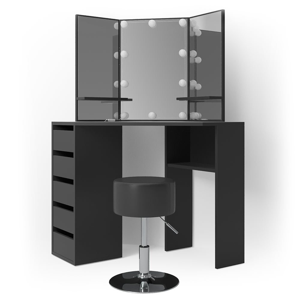 Vicco coiffeuse Arielle, Noir, 110 cm avec éclairage LED et tabouret ...