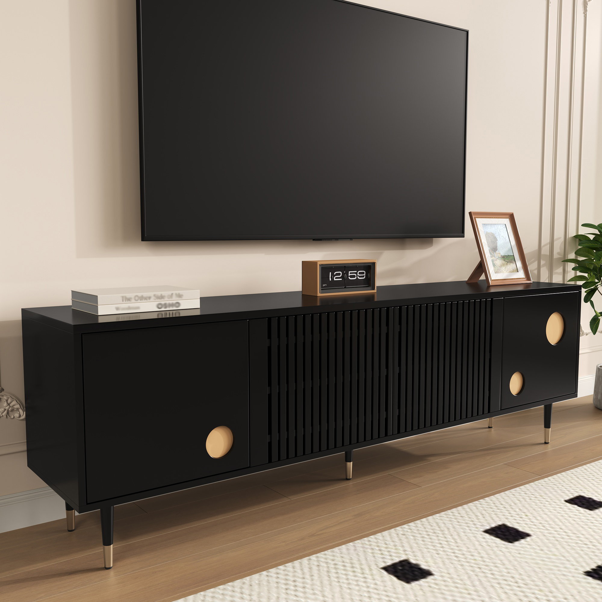 Szafka RTV 170 x 36 x 54 cm - 4 drzwi - ukryte uchwyty - regulowane nóżki - MDF - czarna