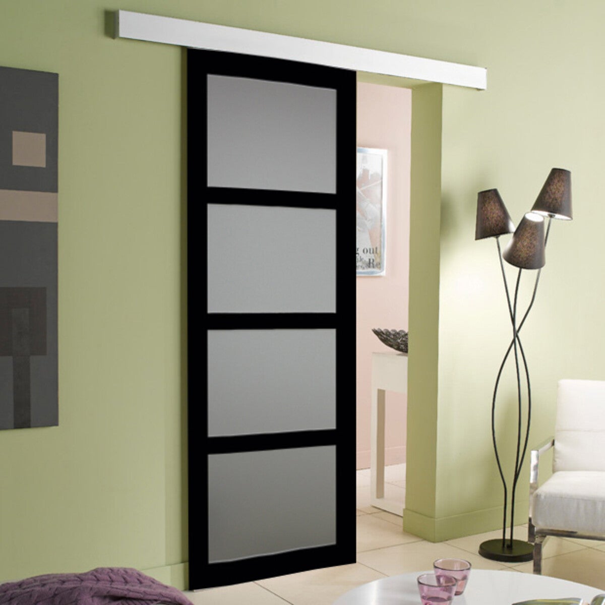 Porte Coulissante Telia Noir Vitree H204 X L73 + Rail Alu Bandeau Blanc Gd Menuiseries - 5