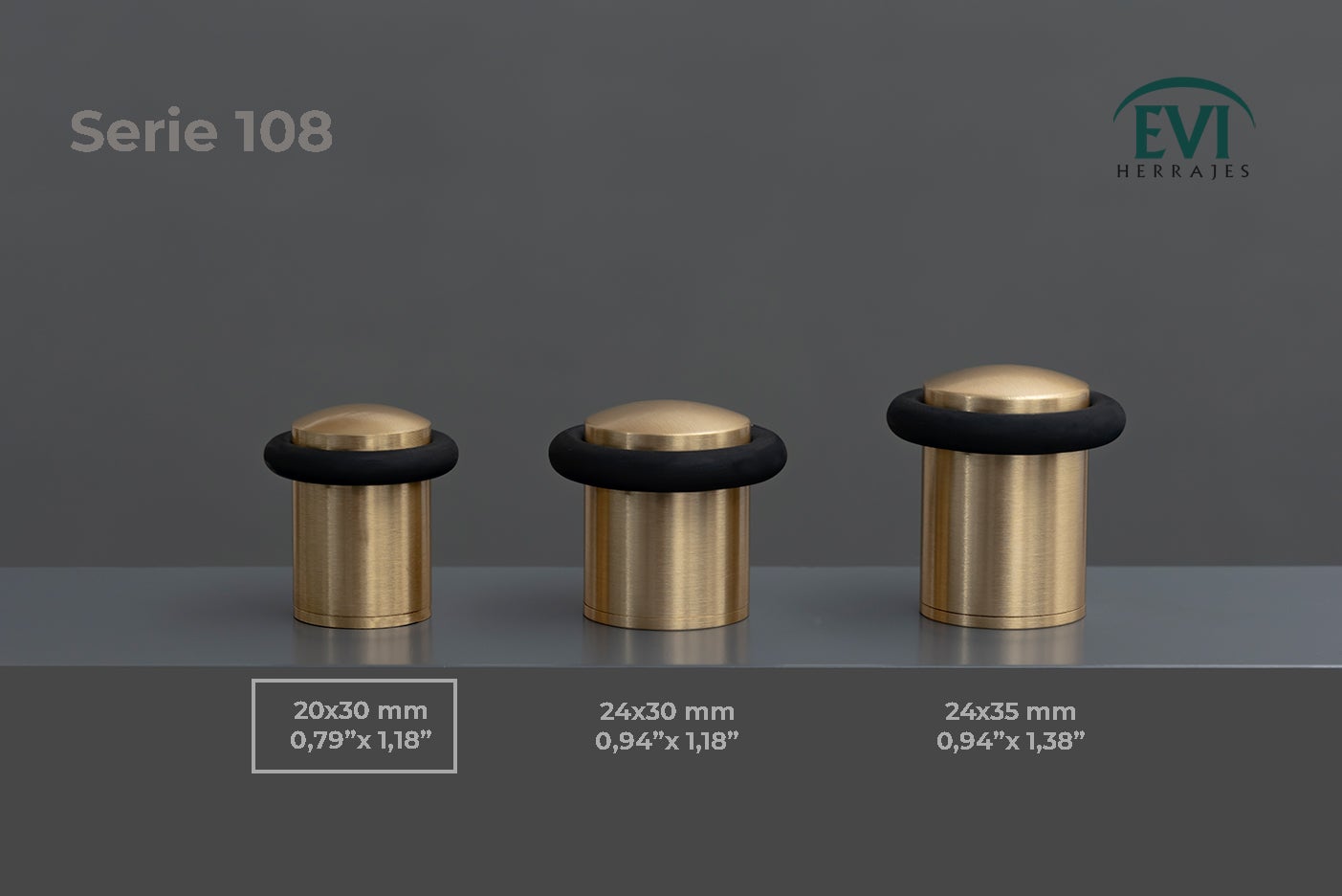 Butée de porte 20 x 30 mm pour sol, laiton avec caoutchouc de protection noir, montage à vis, Herrajes EVI - 5