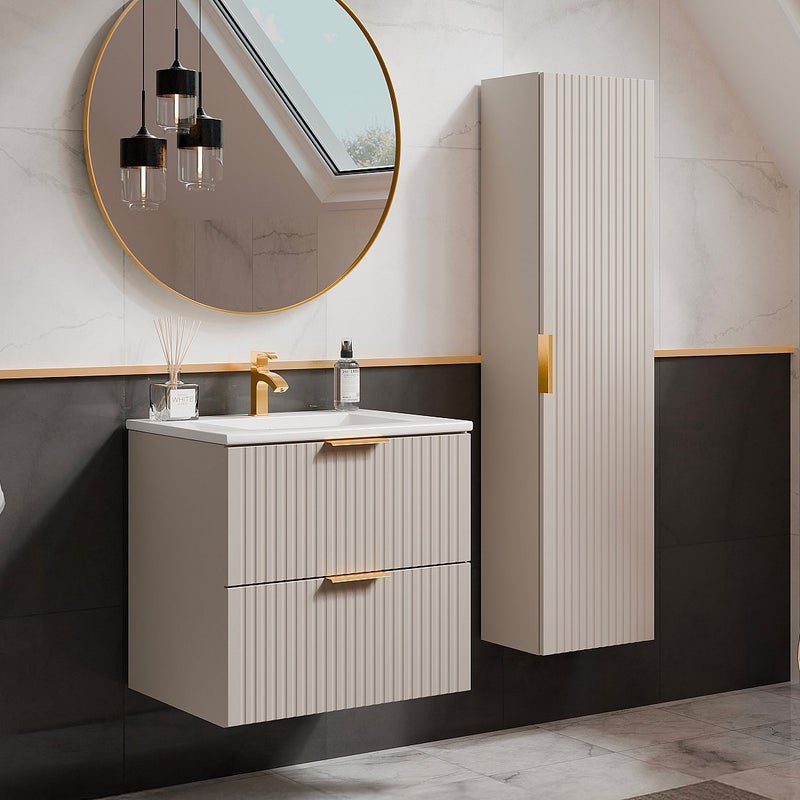 Szafka łazienkowa z prążkowaną fakturą, z wpuszczaną umywalką i słupkiem – kolor beżowy – 60 cm – ZEVARA