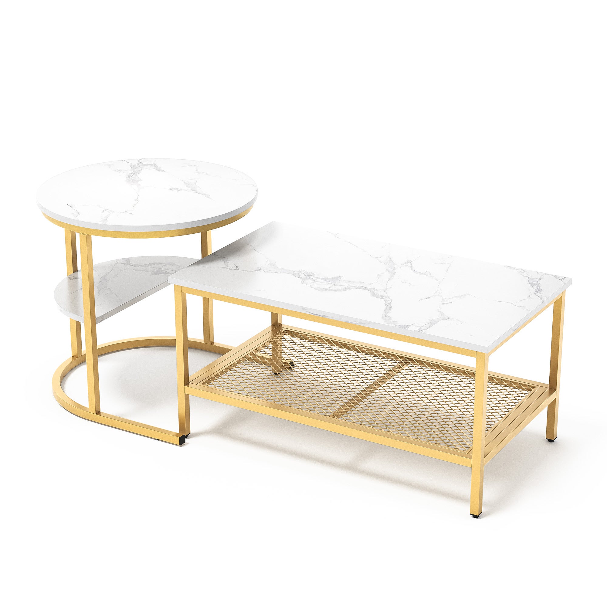Tables Basses, Lot de 2, COZY, avec Placage de Marbre Blanc, Cadre en Métal Doré, Design Élégant, Polyvalente pour Salon et Jardin - 9