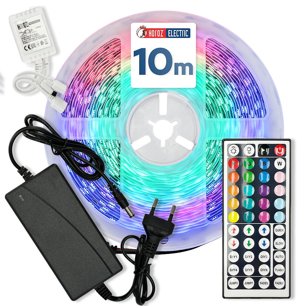 Taśma LED RGB, 24V, 10W/m, 800lm/m, IP20, ze sterownikiem, zasilaczem i pilotem, rolka 10m, VICTORY-10 HOROZ
