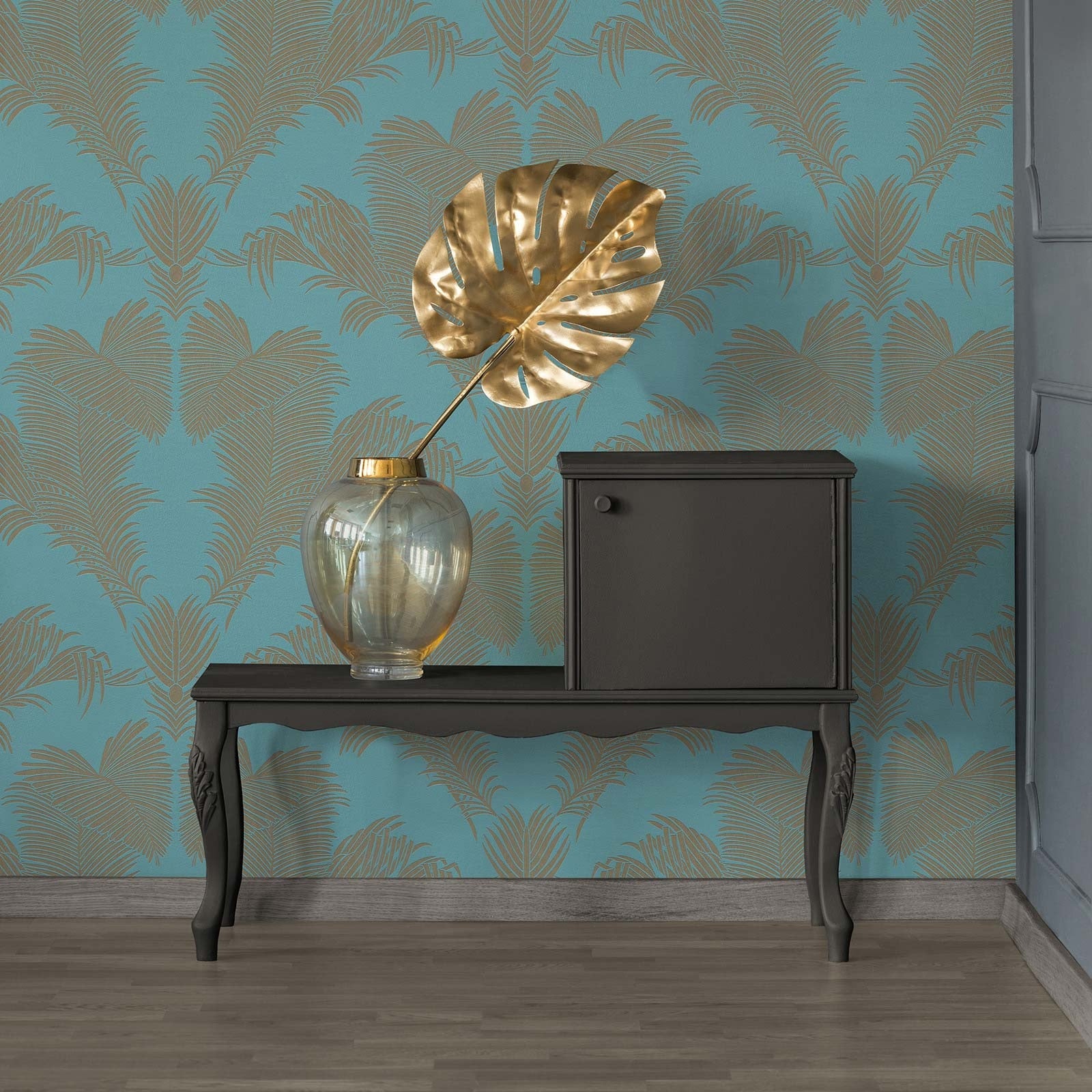 Carta Da Parati Moderna - Design Astratto Con Foglie E Onde, Colore Azzurro E Marrone, Tessuto Non Tessuto - Foto 6