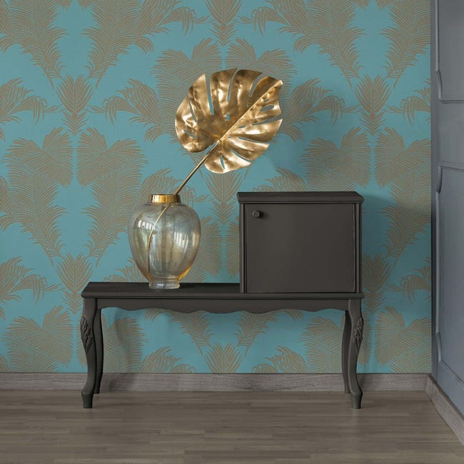 Carta Da Parati Moderna - Design Astratto Con Foglie E Onde, Colore Azzurro E Marrone, Tessuto Non Tessuto - Foto 6