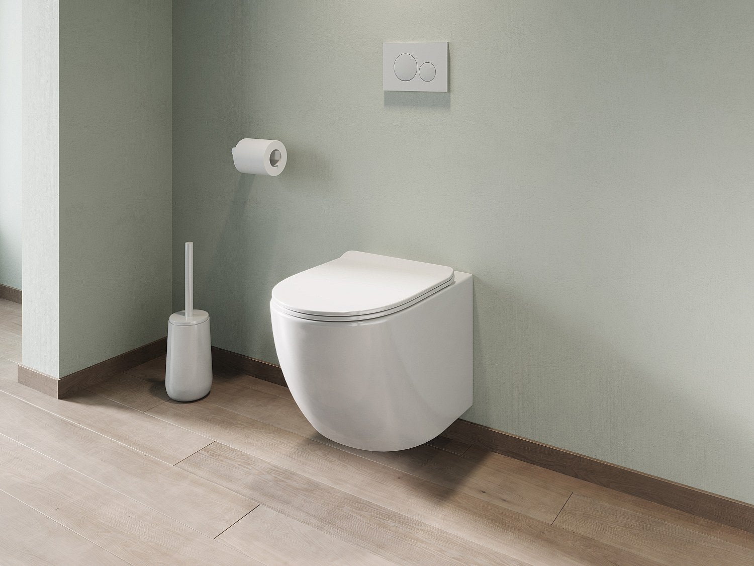 Podwieszana toaleta w kolorze biały połysk ze stelażem i przyciskiem spłuczki - JAVOINE