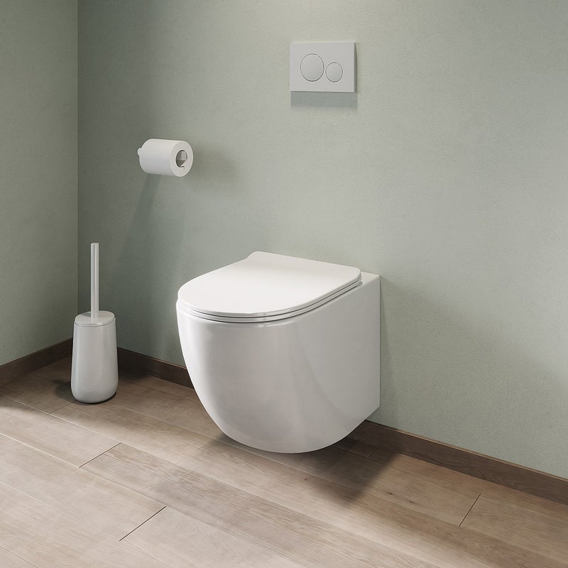 Podwieszana toaleta w kolorze biały połysk ze stelażem i przyciskiem spłuczki - JAVOINE