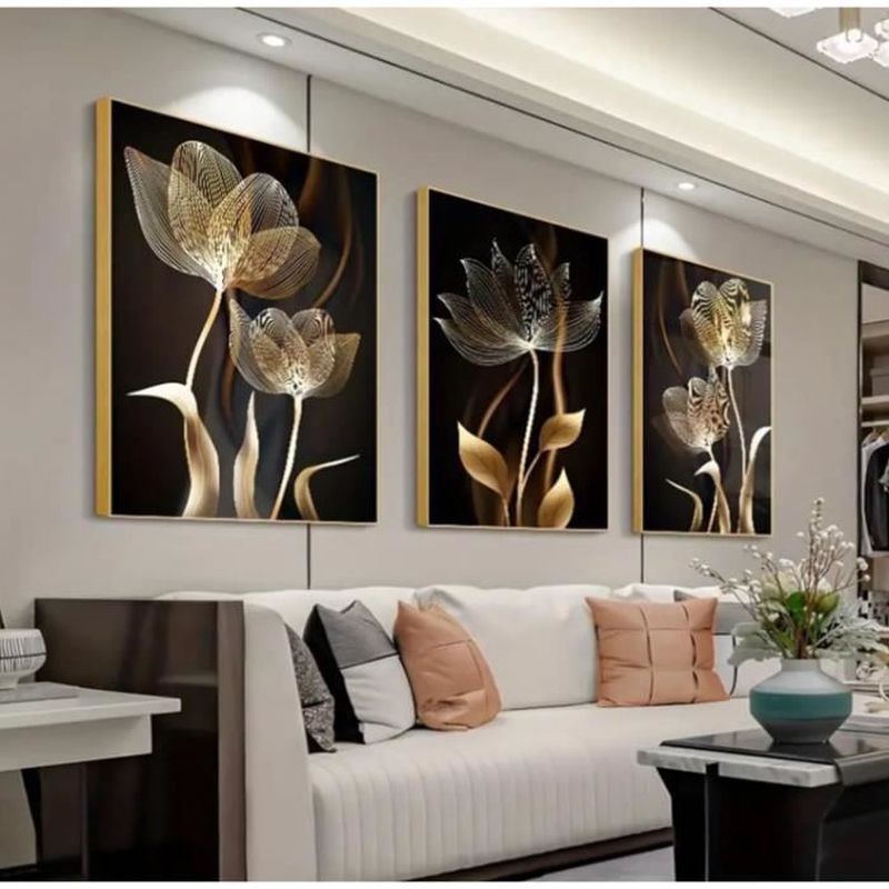 Lot de 3 tableaux muraux modernes noirs et dorés - Feuilles dorées Tableau mural Pour le salon Noir et doré Sans Cadre 30x40cm - 8