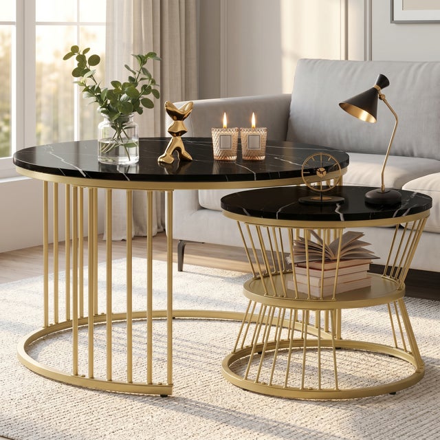 Lot de 2 tables basses gigognes avec 1 cloison,table basse rondes 2 en 1 modulaire,Pieds de table doré,Table d'appoint design simple,Noir