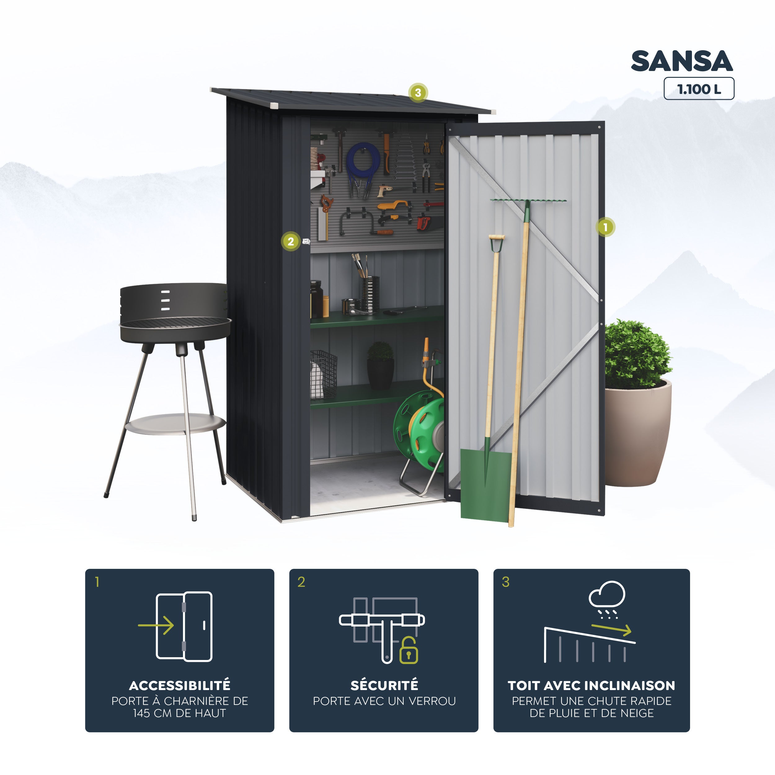 Abri de Jardin en Métal 1100 L Sansa - 104x99x160cm - Garantie 10 ans - Verrouillage avec loquet - 2