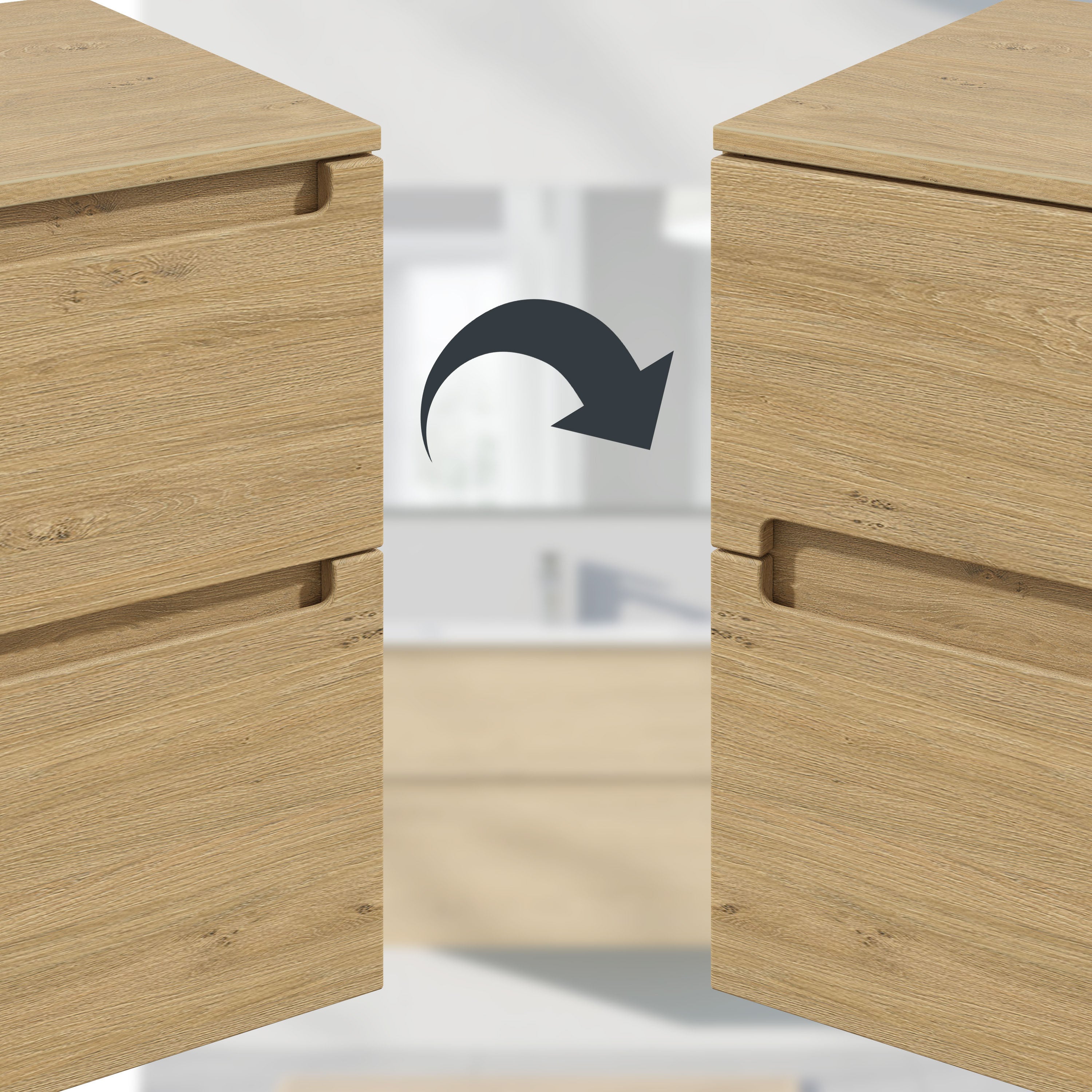 BERNSTEIN - Meuble double vasque suspendu MDF Chêne miel, lavabos fonte Blanc mat sans trou robinet, tiroirs pivotants - 120x46x62cm - VIREO - 5