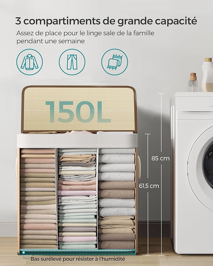 Songmics Panier À Linge À 3 Compartiments, Avec Couvercle Et Poignées, Corbeille À Linge 150l - 3