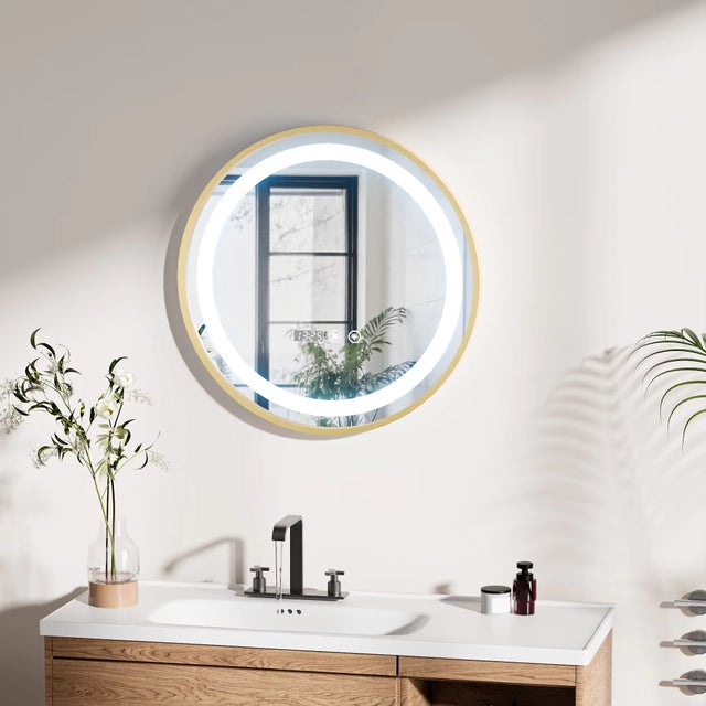 BOMCLAP Espelho de casa banho LED com borda dourada, espelho com 3 cores e regulação infinita, espelho inteligente à prova água com controlo por toque