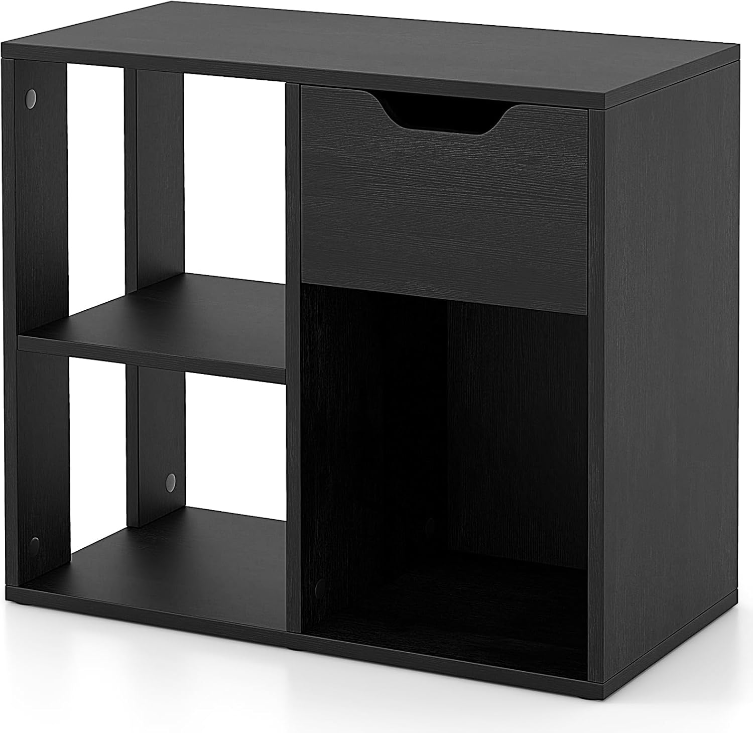 Niska Biblioteczka z 3 Przegrodami i Szufladą, Mebel do Przechowywania z 2 Otwartymi Półkami i 1 Szufladą, do Salonu, Sypialni, 60x30x53 cm (Czarna)