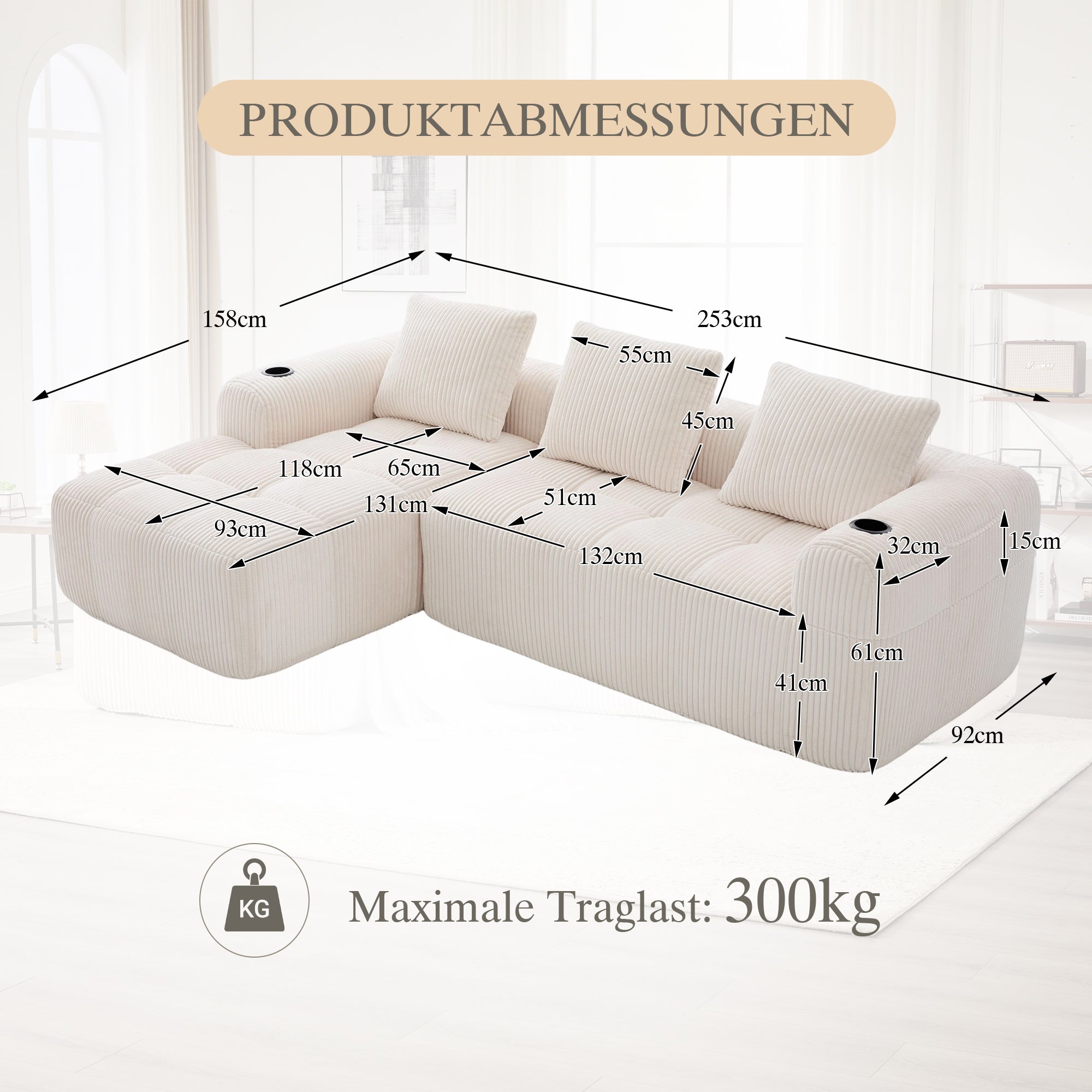 Canapé Modulable 253x158x61 cm, Canapé 4 place en Velours Côtelé avec Rangement et Porte-gobelets - Canapé d'angle sans Montage, beige - 2